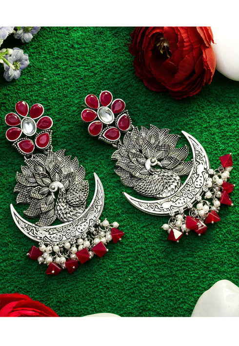 Maroon Stone Studded Oxidised Peacock Style Earrings 25g